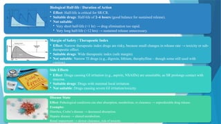 18
Biological Half-life / Duration of Action
• Effect: Half-life is critical for SR/CR.
• Suitable drugs: Half-life of 2–6 hours (good balance for sustained release).
• Not suitable:
• Very short half-life (<1 hr) → drug elimination too rapid.
• Very long half-life (>12 hrs) → sustained release unnecessary.
Margin of Safety / Therapeutic Index
• Effect: Narrow therapeutic index drugs are risky, because small changes in release rate → toxicity or sub-
therapeutic effect.
• Suitable drugs: Wide therapeutic index (safe margin).
• Not suitable: Narrow TI drugs (e.g., digoxin, lithium, theophylline – though some still used with
caution).
Side Effects
• Effect: Drugs causing GI irritation (e.g., aspirin, NSAIDs) are unsuitable, as SR prolongs contact with
mucosa.
• Suitable drugs: Drugs with minimal local irritation.
• Not suitable: Drugs causing severe GI irritation/toxicity.
Disease State
Effect: Pathological conditions can alter absorption, metabolism, or clearance → unpredictable drug release.
Examples:
Diarrhea, Crohn’s disease → decreased absorption.
Hepatic disease → altered metabolism.
Renal impairment → slower clearance, risk of toxicity.
 