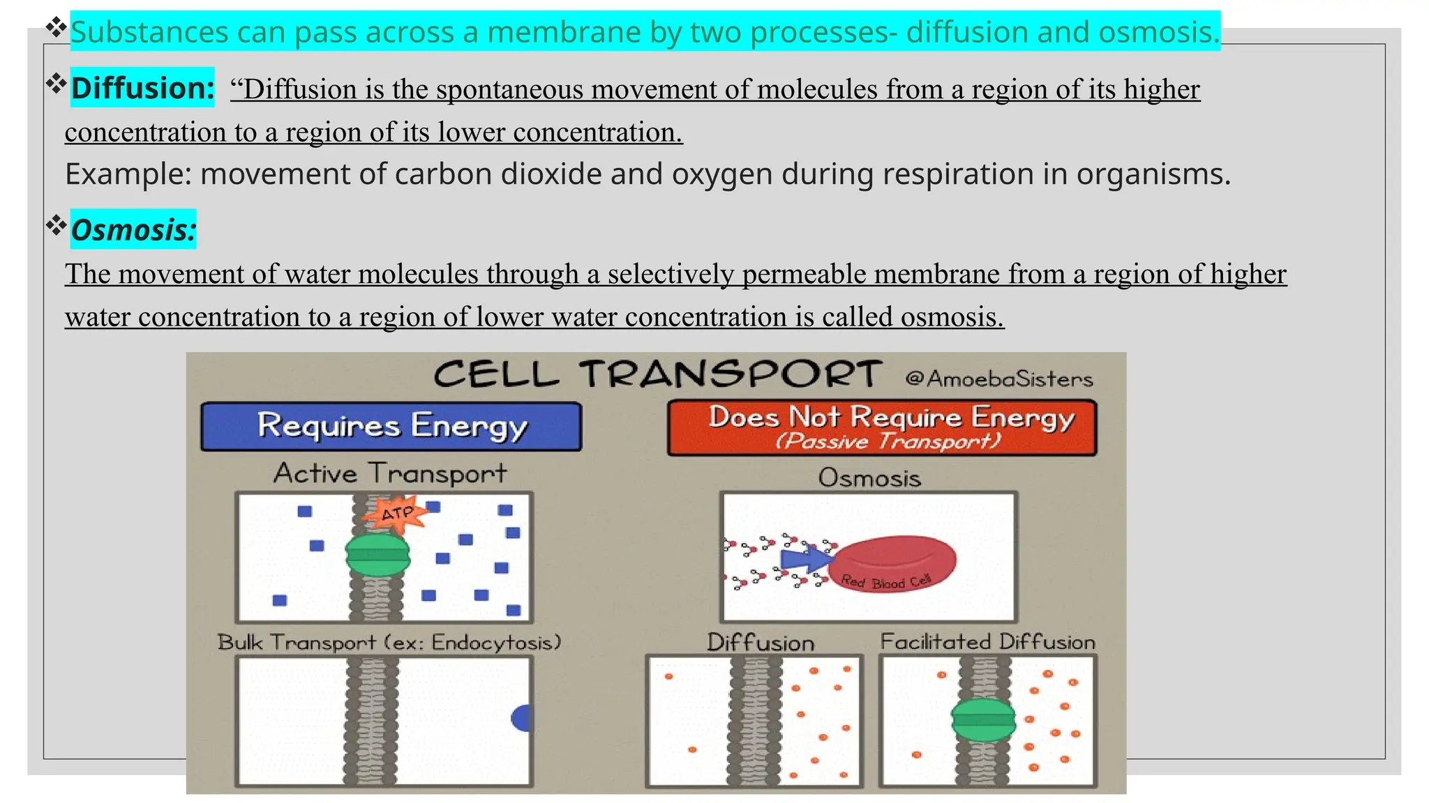 Substances can pass across a membrane by two processes- diffusion and osmosis.
Diffusion: “Diffusion is the spontaneous movement of molecules from a region of its higher
concentration to a region of its lower concentration.
Example: movement of carbon dioxide and oxygen during respiration in organisms.
Osmosis:
The movement of water molecules through a selectively permeable membrane from a region of higher
water concentration to a region of lower water concentration is called osmosis.
 