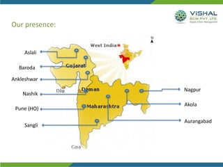 Our presence:
Nagpur
Akola
Aurangabad
Aslali
Baroda
Ankleshwar
Nashik
Pune (HO)
Sangli
 