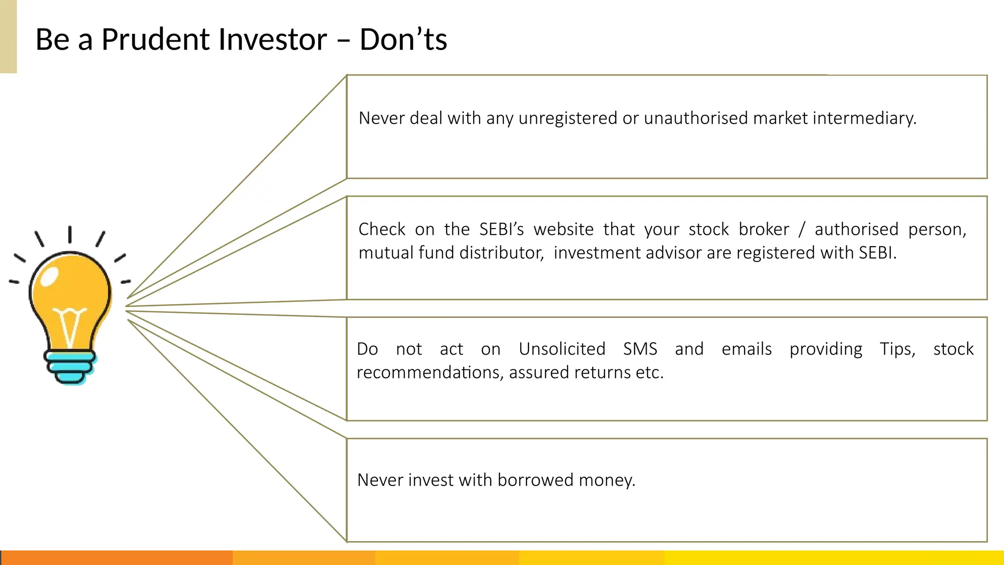 Be a Prudent Investor – Don’ts
Never deal with any unregistered or unauthorised market intermediary.
Check on the SEBI’s website that your stock broker / authorised person,
mutual fund distributor, investment advisor are registered with SEBI.
Do not act on Unsolicited SMS and emails providing Tips, stock
recommendations, assured returns etc.
Never invest with borrowed money.
 