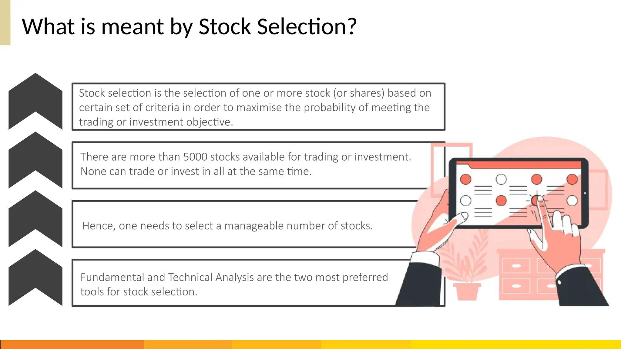 What is meant by Stock Selection?
Stock selection is the selection of one or more stock (or shares) based on
certain set of criteria in order to maximise the probability of meeting the
trading or investment objective.
There are more than 5000 stocks available for trading or investment.
None can trade or invest in all at the same time.
Hence, one needs to select a manageable number of stocks.
Fundamental and Technical Analysis are the two most preferred
tools for stock selection.
 