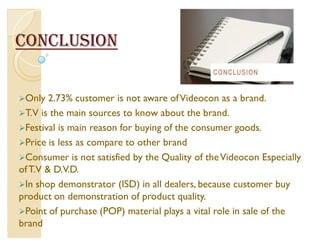 CONCLUSION


Only   2.73% customer is not aware of Videocon as a brand.
T.V is the main sources to know about the brand.
Festival is main reason for buying of the consumer goods.
Price is less as compare to other brand
Consumer is not satisfied by the Quality of the Videocon Especially
of T.V  D.V.D.
In shop demonstrator (ISD) in all dealers, because customer buy
product on demonstration of product quality.
Point of purchase (POP) material plays a vital role in sale of the
brand
 