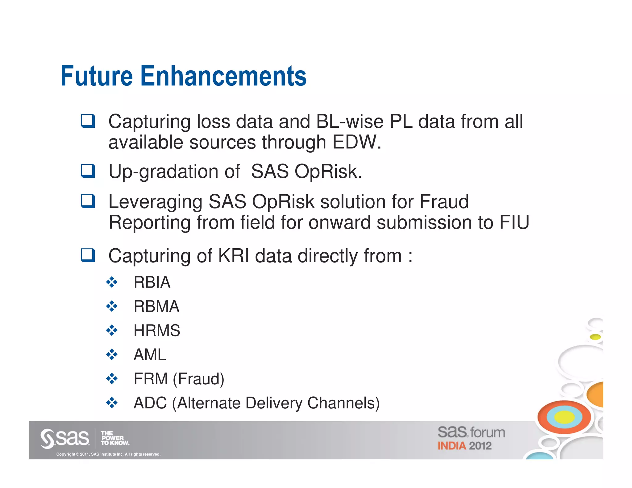 Future Enhancements
                            Capturing loss data and BL-wise PL data from all
                            available sources through EDW.
                            Up-gradation of SAS OpRisk.
                            Leveraging SAS OpRisk solution for Fraud
                            Reporting from field for onward submission to FIU
                            Capturing of KRI data directly from :
                                          RBIA
                                          RBMA
                                          HRMS
                                          AML
                                          FRM (Fraud)
                                          ADC (Alternate Delivery Channels)

Copyright © 2011, SAS Institute Inc. All rights reserved.
 