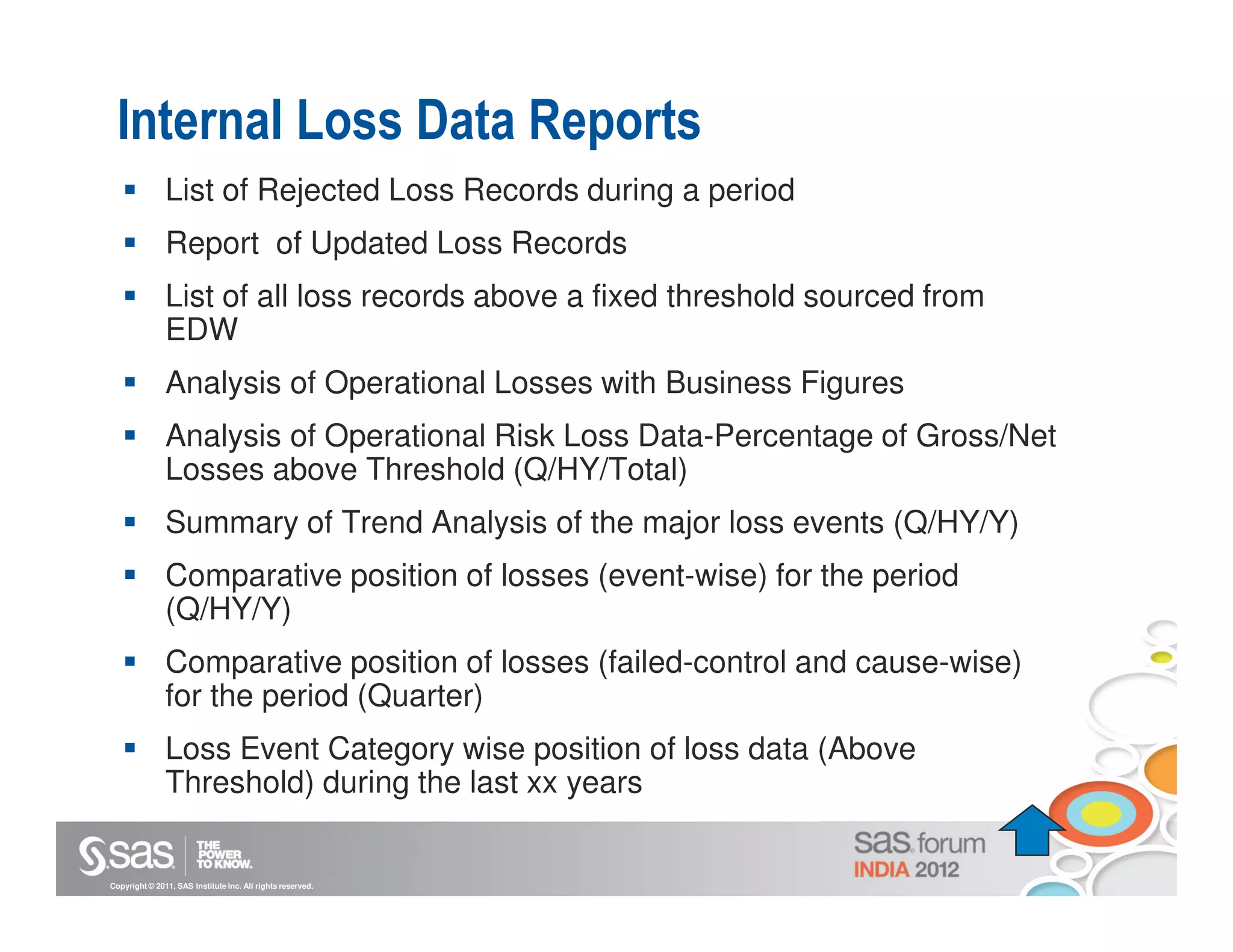 Internal Loss Data Reports
               List of Rejected Loss Records during a period
               Report of Updated Loss Records
               List of all loss records above a fixed threshold sourced from
               EDW
               Analysis of Operational Losses with Business Figures
               Analysis of Operational Risk Loss Data-Percentage of Gross/Net
               Losses above Threshold (Q/HY/Total)
               Summary of Trend Analysis of the major loss events (Q/HY/Y)
               Comparative position of losses (event-wise) for the period
               (Q/HY/Y)
               Comparative position of losses (failed-control and cause-wise)
               for the period (Quarter)
               Loss Event Category wise position of loss data (Above
               Threshold) during the last xx years


Copyright © 2011, SAS Institute Inc. All rights reserved.
 