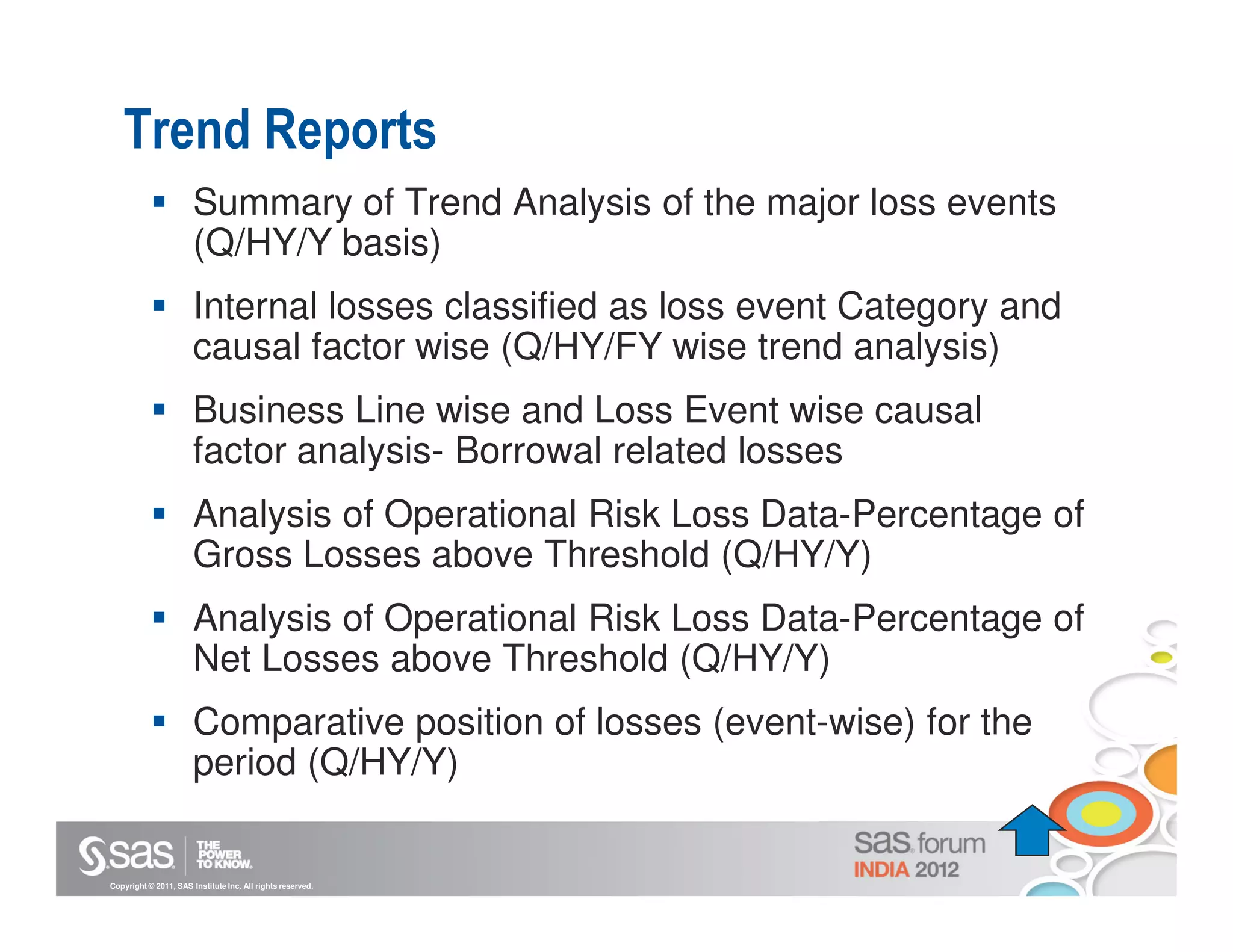 Trend Reports
                       Summary of Trend Analysis of the major loss events
                       (Q/HY/Y basis)
                       Internal losses classified as loss event Category and
                       causal factor wise (Q/HY/FY wise trend analysis)
                       Business Line wise and Loss Event wise causal
                       factor analysis- Borrowal related losses
                       Analysis of Operational Risk Loss Data-Percentage of
                       Gross Losses above Threshold (Q/HY/Y)
                       Analysis of Operational Risk Loss Data-Percentage of
                       Net Losses above Threshold (Q/HY/Y)
                       Comparative position of losses (event-wise) for the
                       period (Q/HY/Y)


Copyright © 2011, SAS Institute Inc. All rights reserved.
 