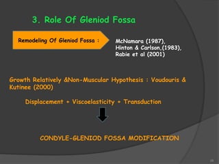 28
3. Role Of Gleniod Fossa
Remodeling Of Gleniod Fossa : McNamara (1987),
Hinton & Carlson,(1983),
Rabie et al (2001)
Growth Relatively &Non-Muscular Hypothesis : Voudouris &
Kutinee (2000)
Displacement + Viscoelasticity + Transduction
CONDYLE-GLENIOD FOSSA MODIFICATION
 