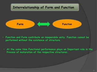 31
Interrelationship of Form and Function
Form Function
• Function and Form contribute an inseparable unity. Function cannot be
performed without the existence of structure.
• At the same time Functional performance plays an Important role in the
Process of maturation of the respective structures.
 