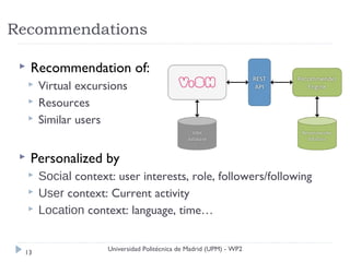Recommendations

    Recommendation of:
        Virtual excursions
        Resources
        Similar users


    Personalized by
        Social context: user interests, role, followers/following
        User context: Current activity
        Location context: language, time…


                       Universidad Politécnica de Madrid (UPM) - WP2
 13
 