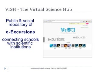 VISH - The Virtual Science Hub

 Public & social
  repository of
 e-Excursions
connecting schools
  with scientific
    institutions



             Universidad Politécnica de Madrid (UPM) - WP2
  2
 