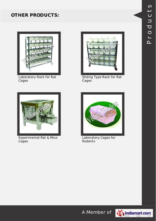A Member of
OTHER PRODUCTS:
Laboratory Rack for Rat
Cages
Sliding Type Rack for Rat
Cages
Experimental Rat & Mice
Cages
Laboratory Cages for
Rodents
Products
 