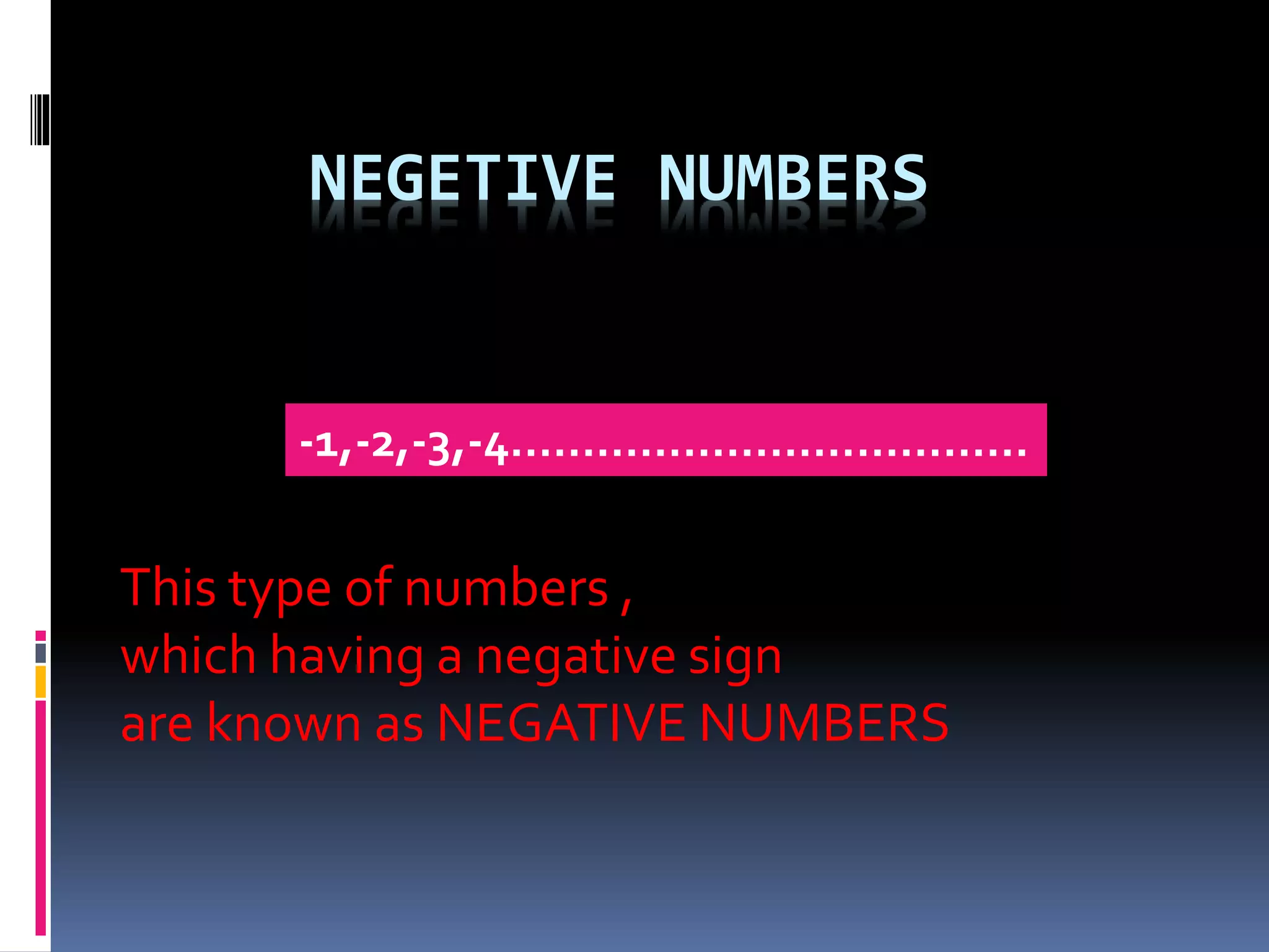 NEGETIVE NUMBERS 
-1,-2,-3,-4……………………………… 
This type of numbers , 
which having a negative sign 
are known as NEGATIVE NUMBERS 
 