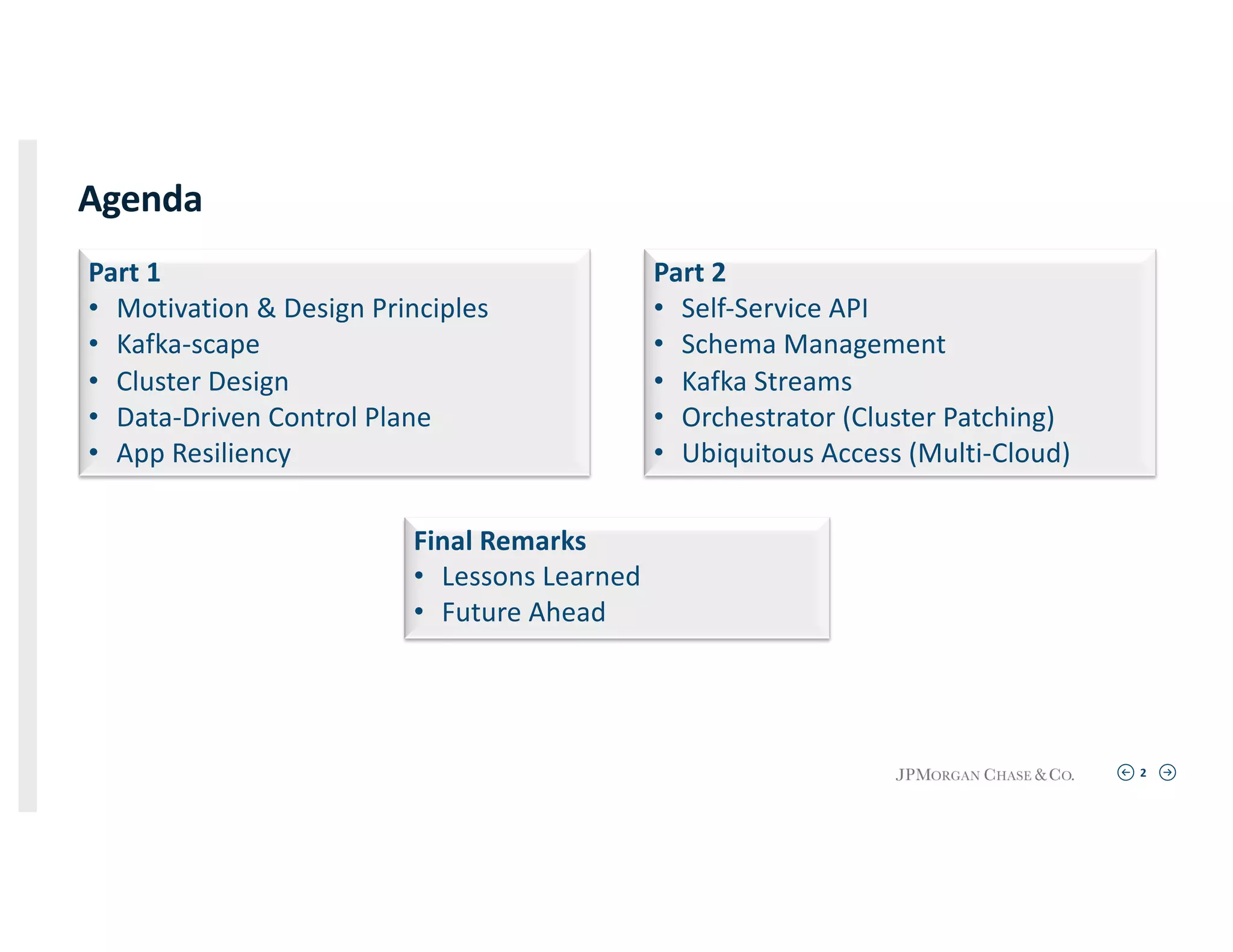 2
Agenda
Part 1
• Motivation & Design Principles
• Kafka-scape
• Cluster Design
• Data-Driven Control Plane
• App Resiliency
Part 2
• Self-Service API
• Schema Management
• Kafka Streams
• Orchestrator (Cluster Patching)
• Ubiquitous Access (Multi-Cloud)
Final Remarks
• Lessons Learned
• Future Ahead
 