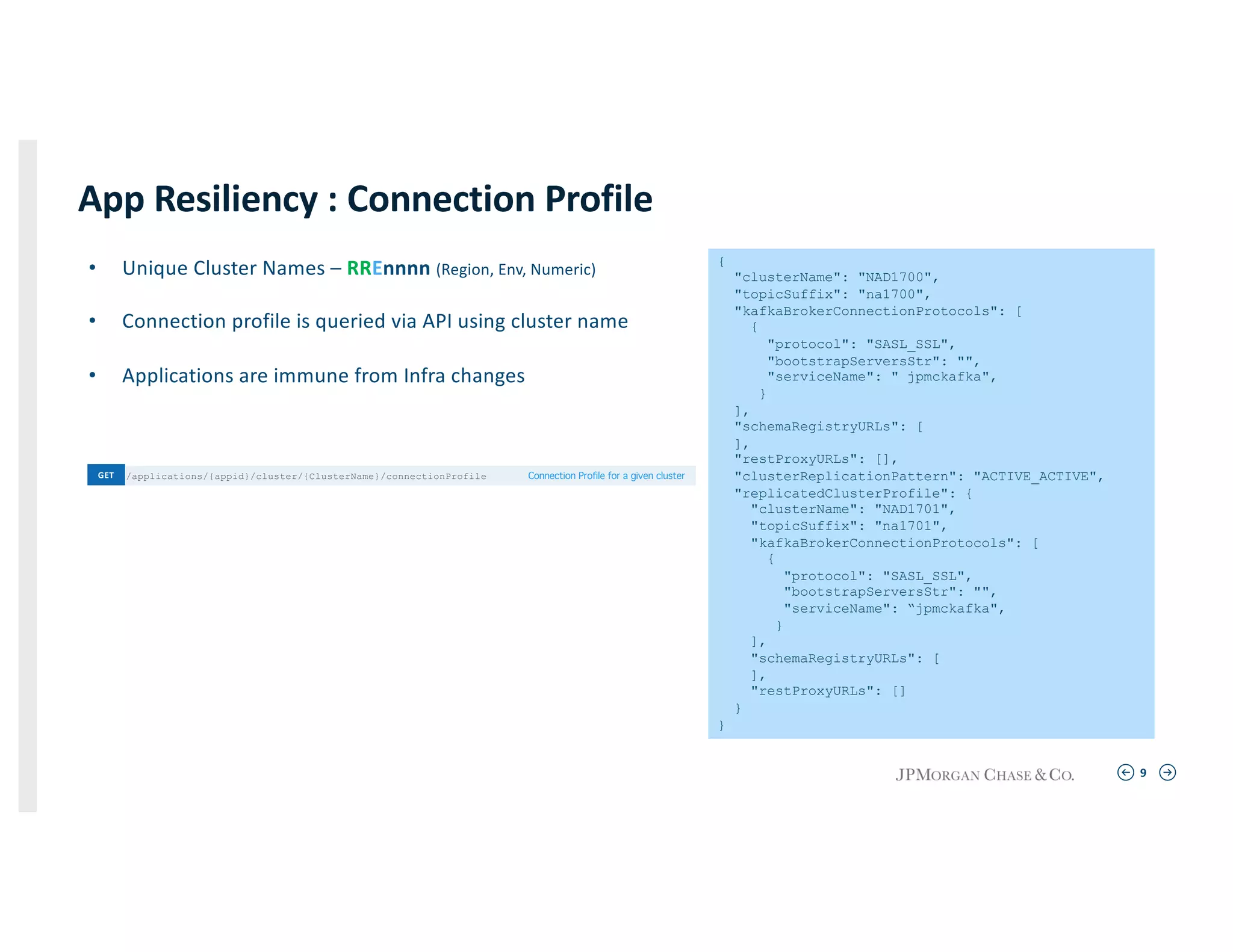 9
App Resiliency : Connection Profile
• Unique Cluster Names – RREnnnn (Region, Env, Numeric)
• Connection profile is queried via API using cluster name
• Applications are immune from Infra changes
{
"clusterName": "NAD1700",
"topicSuffix": "na1700",
"kafkaBrokerConnectionProtocols": [
{
"protocol": "SASL_SSL",
"bootstrapServersStr": "",
"serviceName": " jpmckafka",
}
],
"schemaRegistryURLs": [
],
"restProxyURLs": [],
"clusterReplicationPattern": "ACTIVE_ACTIVE",
"replicatedClusterProfile": {
"clusterName": "NAD1701",
"topicSuffix": "na1701",
"kafkaBrokerConnectionProtocols": [
{
"protocol": "SASL_SSL",
"bootstrapServersStr": "",
"serviceName": “jpmckafka",
}
],
"schemaRegistryURLs": [
],
"restProxyURLs": []
}
}
/applications/{appid}/cluster/{ClusterName}/connectionProfile Connection Profile for a given clusterGET
 
