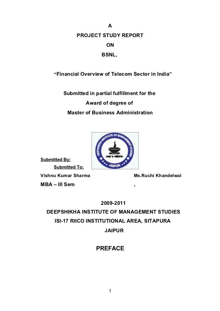 bsnl project report cover page for project report