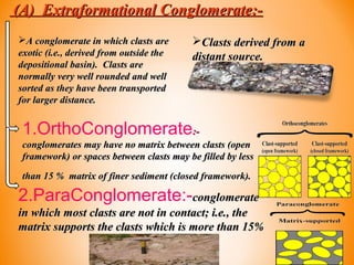 (A) Extraformational Conglomerate:-(A) Extraformational Conglomerate:-
Clasts derived from aClasts derived from a
distant source.distant source.
A conglomerate in which clasts areA conglomerate in which clasts are
exotic (i.e., derived from outside theexotic (i.e., derived from outside the
depositional basin). Clasts aredepositional basin). Clasts are
normally very well rounded and wellnormally very well rounded and well
sorted as they have been transportedsorted as they have been transported
for larger distance.for larger distance.
1.OrthoConglomerate:-:-
conglomerates may have no matrix between clasts (openconglomerates may have no matrix between clasts (open
framework) or spaces between clasts may be filled by lessframework) or spaces between clasts may be filled by less
than 15 % matrix of finer sediment (closed framework).than 15 % matrix of finer sediment (closed framework).
2.ParaConglomerate:-conglomerateconglomerate
in which most clasts are not in contact; i.e., thein which most clasts are not in contact; i.e., the
matrix supports the clasts which is more than 15%matrix supports the clasts which is more than 15%
 