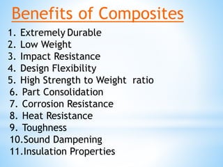 Benefits of Composites
1. Extremely Durable
2. Low Weight
3. Impact Resistance
4. Design Flexibility
5. High Strength to Weight ratio
6. Part Consolidation
7. Corrosion Resistance
8. Heat Resistance
9. Toughness
10.Sound Dampening
11.Insulation Properties
 