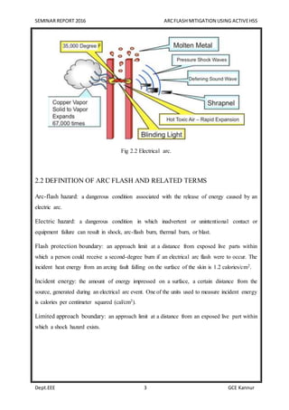 SEMINAR REPORT 2016 ARCFLASH MITIGATION USING ACTIVEHSS
Dept.EEE 3 GCE Kannur
Fig 2.2 Electrical arc.
2.2 DEFINITION OF ARC FLASH AND RELATED TERMS
Arc-flash hazard: a dangerous condition associated with the release of energy caused by an
electric arc.
Electric hazard: a dangerous condition in which inadvertent or unintentional contact or
equipment failure can result in shock, arc-flash burn, thermal burn, or blast.
Flash protection boundary: an approach limit at a distance from exposed live parts within
which a person could receive a second-degree burn if an electrical arc flash were to occur. The
incident heat energy from an arcing fault falling on the surface of the skin is 1.2 calories/cm2.
Incident energy: the amount of energy impressed on a surface, a certain distance from the
source, generated during an electrical arc event. One of the units used to measure incident energy
is calories per centimeter squared (cal/cm2).
Limited approach boundary: an approach limit at a distance from an exposed live part within
which a shock hazard exists.
 
