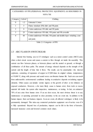 SEMINAR REPORT 2016 ARCFLASH MITIGATION USING ACTIVEHSS
Dept.EEE 5 GCE Kannur
CATEGORIES OF PPE (PERSONAL PROTECTIVE EQUIPMENT) AS DESCRIBED IN
NFPA 70E
Category Cal/cm2 Clothing
0 1.2 Untreated Cotton
1 5 Flame retardant (FR) shirt and FR pants
2 8 Cotton underwear FR shirt and FR pants
3 25 Cotton underwear FR shirt, FR pants and FR coveralls
4 40 Cotton underwear FR shirt, FR pants and double layer switching coat
and pants
Table 2.1 Categories of PPE
2.3 ARC FLASH IN SWITCHGEAR
Internal free burning arcs in LV switchgear such as a motor control centre (MCC) arise
when a short circuit occurs and causes a current to flow through air inside the assembly. This
current can flow between phases, or between phases and the neutral or ground, or through a
combination of all these paths. The amount of energy released depends on the strength of the
current and the length of time that it flows. The results can be catastrophic—the internal
explosion, consisting of expansion of copper to 67,000 times its original volume, temperatures
at 19,000 °C, along with pressure and sound waves can threaten human life. Such arcs can result
from unfavourable environmental conditions leading to conductive deposits on isolating support
elements. Other causes can include vermin ingress or the growth of silver or tin whiskers on
exposed conductors. However, a far more likely cause is human error; from tools or excess
material left inside the system after inspection, maintenance, or testing. In fact, an estimated
70% of arcs arise from human error. If an arc does occur, the most obvious threat is to any
maintenance or operating personnel in close proximity to the arc event site. In addition to the
human impact, there are business impacts. In an arc event, all affected switchgear is likely to be
permanently damaged. This takes any connected production equipment out of service even if it
is fully operational. Beyond loss of production, impacts can be felt in the form of lawsuits,
increased insurance costs and lowered common stock values.
 