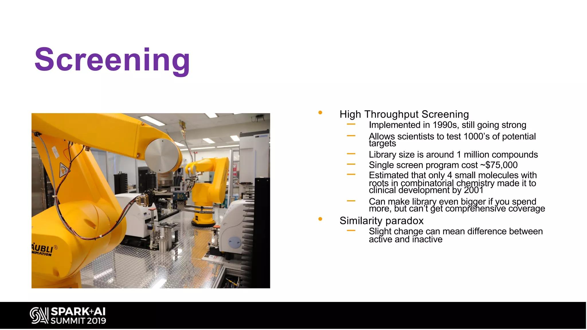 Screening
• High Throughput Screening
– Implemented in 1990s, still going strong
– Allows scientists to test 1000’s of potential
targets
– Library size is around 1 million compounds
– Single screen program cost ~$75,000
– Estimated that only 4 small molecules with
roots in combinatorial chemistry made it to
clinical development by 2001
– Can make library even bigger if you spend
more, but can’t get comprehensive coverage
• Similarity paradox
– Slight change can mean difference between
active and inactive
 