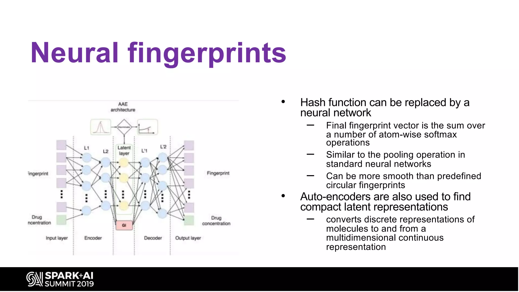 Neural fingerprints
• Hash function can be replaced by a
neural network
– Final fingerprint vector is the sum over
a number of atom-wise softmax
operations
– Similar to the pooling operation in
standard neural networks
– Can be more smooth than predefined
circular fingerprints
• Auto-encoders are also used to find
compact latent representations
– converts discrete representations of
molecules to and from a
multidimensional continuous
representation
 