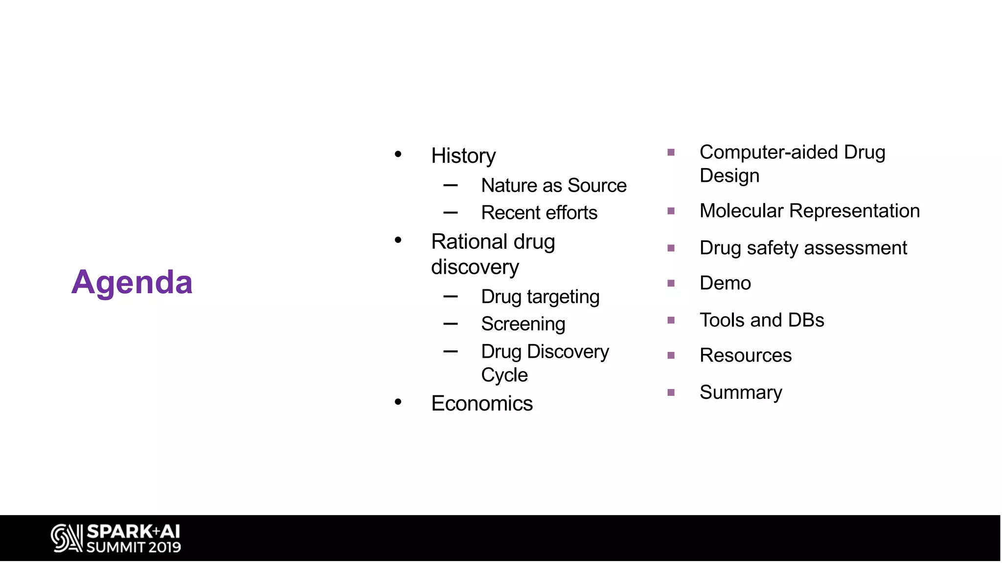 Agenda
• History
– Nature as Source
– Recent efforts
• Rational drug
discovery
– Drug targeting
– Screening
– Drug Discovery
Cycle
• Economics
¡ Computer-aided Drug
Design
¡ Molecular Representation
¡ Drug safety assessment
¡ Demo
¡ Tools and DBs
¡ Resources
¡ Summary
 
