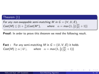 Theorem (1)
For any non-swappable semi-matching M in G = (V , U, E),
Cost(M) ≤ (1 + 1
α )Cost(M∗), where α = max{1, 1
2(|U|
|V | + 1)}
Proof: In order to prove this theorem we need the following result.
Fact : For any semi-matching M in G = (U, V , E) it holds
Cost(M) ≥ α | U |, where α = max{1, 1
2(|U|
|V | + 1)}
Vishu and Ayan (IIT Guwahati) Semi-Matching Algorithm 6 / 19
 