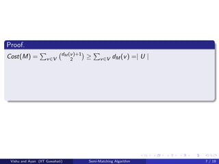 Proof.
Cost(M) = v∈V
dM (v)+1
2 ≥ v∈V dM(v) =| U |
Vishu and Ayan (IIT Guwahati) Semi-Matching Algorithm 7 / 19
 