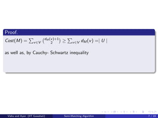 Proof.
Cost(M) = v∈V
dM (v)+1
2 ≥ v∈V dM(v) =| U |
as well as, by Cauchy- Schwartz inequality
Vishu and Ayan (IIT Guwahati) Semi-Matching Algorithm 7 / 19
 