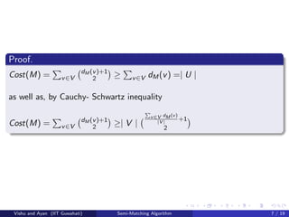 Proof.
Cost(M) = v∈V
dM (v)+1
2 ≥ v∈V dM(v) =| U |
as well as, by Cauchy- Schwartz inequality
Cost(M) = v∈V
dM (v)+1
2 ≥| V |
v∈V dM (v)
|V |
+1
2
Vishu and Ayan (IIT Guwahati) Semi-Matching Algorithm 7 / 19
 