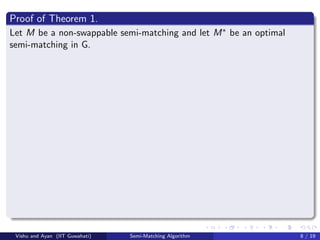 Proof of Theorem 1.
Let M be a non-swappable semi-matching and let M∗ be an optimal
semi-matching in G.
Vishu and Ayan (IIT Guwahati) Semi-Matching Algorithm 8 / 19
 