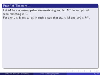 Proof of Theorem 1.
Let M be a non-swappable semi-matching and let M∗ be an optimal
semi-matching in G.
For any u ∈ U set vu, v∗
u in such a way that uvu ∈ M and uv∗
u ∈ M∗.
Vishu and Ayan (IIT Guwahati) Semi-Matching Algorithm 8 / 19
 