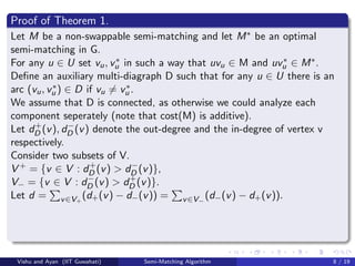 Proof of Theorem 1.
Let M be a non-swappable semi-matching and let M∗ be an optimal
semi-matching in G.
For any u ∈ U set vu, v∗
u in such a way that uvu ∈ M and uv∗
u ∈ M∗.
Deﬁne an auxiliary multi-diagraph D such that for any u ∈ U there is an
arc (vu, v∗
u ) ∈ D if vu = v∗
u .
We assume that D is connected, as otherwise we could analyze each
component seperately (note that cost(M) is additive).
Let d+
D (v), d−
D (v) denote the out-degree and the in-degree of vertex v
respectively.
Consider two subsets of V.
V + = {v ∈ V : d+
D (v) > d−
D (v)},
V− = {v ∈ V : d−
D (v) > d+
D (v)}.
Let d = v∈V+
(d+(v) − d−(v)) = v∈V−
(d−(v) − d+(v)).
Vishu and Ayan (IIT Guwahati) Semi-Matching Algorithm 8 / 19
 