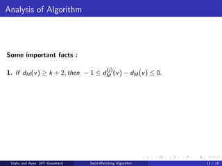 Analysis of Algorithm
Some important facts :
1. If dM(v) ≥ k + 2, then − 1 ≤ d
(j)
M (v) − dM(v) ≤ 0.
Vishu and Ayan (IIT Guwahati) Semi-Matching Algorithm 11 / 19
 
