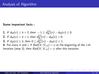 Analysis of Algorithm
Some important facts :
1. If dM(v) ≥ k + 2, then − 1 ≤ d
(j)
M (v) − dM(v) ≤ 0.
2. If dM(v) = k + 1, then d
(j)
M (v) − dM(v) = 0.
3. If dM(v) ≤ k, then 0 ≤ d
(j)
M (v) − dM(v) ≤ 1.
4. For every k and i, if Bad(V , V<k) = φ at the beginning of the i-th
iteration (step 3), then Bad(V , V<k) = φ after this iteration.
Vishu and Ayan (IIT Guwahati) Semi-Matching Algorithm 11 / 19
 
