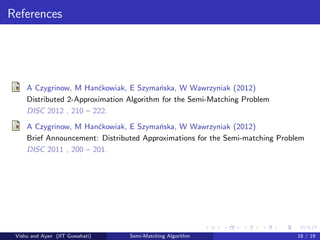 References
A Czygrinow, M Han´ckowiak, E Szyma´nska, W Wawrzyniak (2012)
Distributed 2-Approximation Algorithm for the Semi-Matching Problem
DISC 2012 , 210 – 222.
A Czygrinow, M Han´ckowiak, E Szyma´nska, W Wawrzyniak (2012)
Brief Announcement: Distributed Approximations for the Semi-matching Problem
DISC 2011 , 200 – 201.
Vishu and Ayan (IIT Guwahati) Semi-Matching Algorithm 18 / 19
 