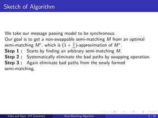 Sketch of Algorithm
We take our message passing model to be synchronous.
Our goal is to get a non-swappable semi-matching M from an optimal
semi-matching M∗, which is (1 + 1
α)-approximation of M∗.
Step 1 : Starts by ﬁnding an arbitrary semi-matching M.
Step 2 : Systematically eliminate the bad paths by swapping operation.
Step 3 : Again eliminate bad paths from the newly formed
semi-matching.
Vishu and Ayan (IIT Guwahati) Semi-Matching Algorithm 5 / 19
 