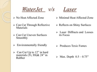 WaterJet v/s Laser
 No Heat Affected Zone
 Can Cut Through Reflective
Materials
 Can Cut Uneven Surfaces
Smoothly
 Environmentally friendly
 Can Cut Up to 12” in hard
materials (Ti, SS)& 24” in
Rubber
 Minimal Heat Affected Zone
 Reflects on Shiny Surfaces
 Laser Diffracts and Looses
its Focus
 Produces Toxic Fumes
 Max. Depth 0.5 – 0.75”
 