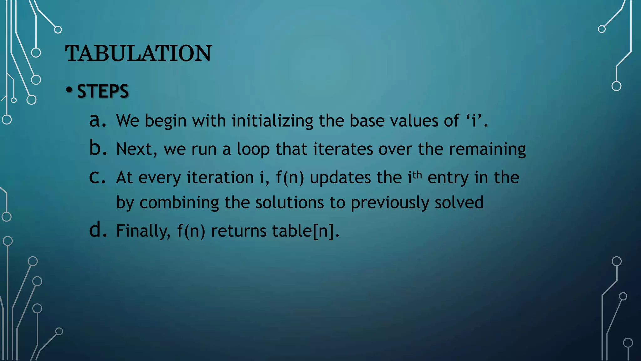 TABULATION
• STEPS
a. We begin with initializing the base values of ‘i’.
b. Next, we run a loop that iterates over the remaining
c. At every iteration i, f(n) updates the ith entry in the
by combining the solutions to previously solved
d. Finally, f(n) returns table[n].
 