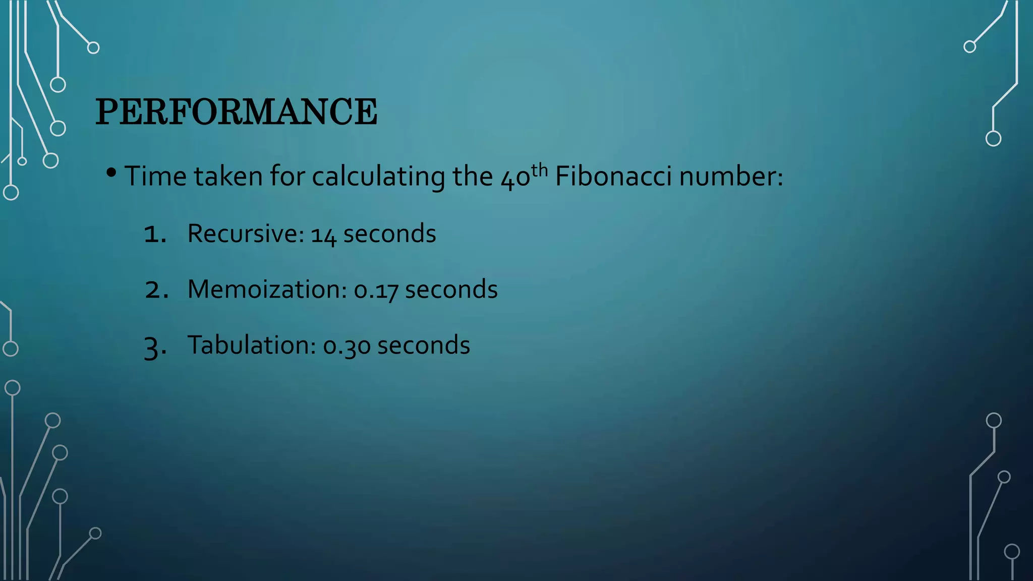 PERFORMANCE
• Time taken for calculating the 40th Fibonacci number:
1. Recursive: 14 seconds
2. Memoization: 0.17 seconds
3. Tabulation: 0.30 seconds
 