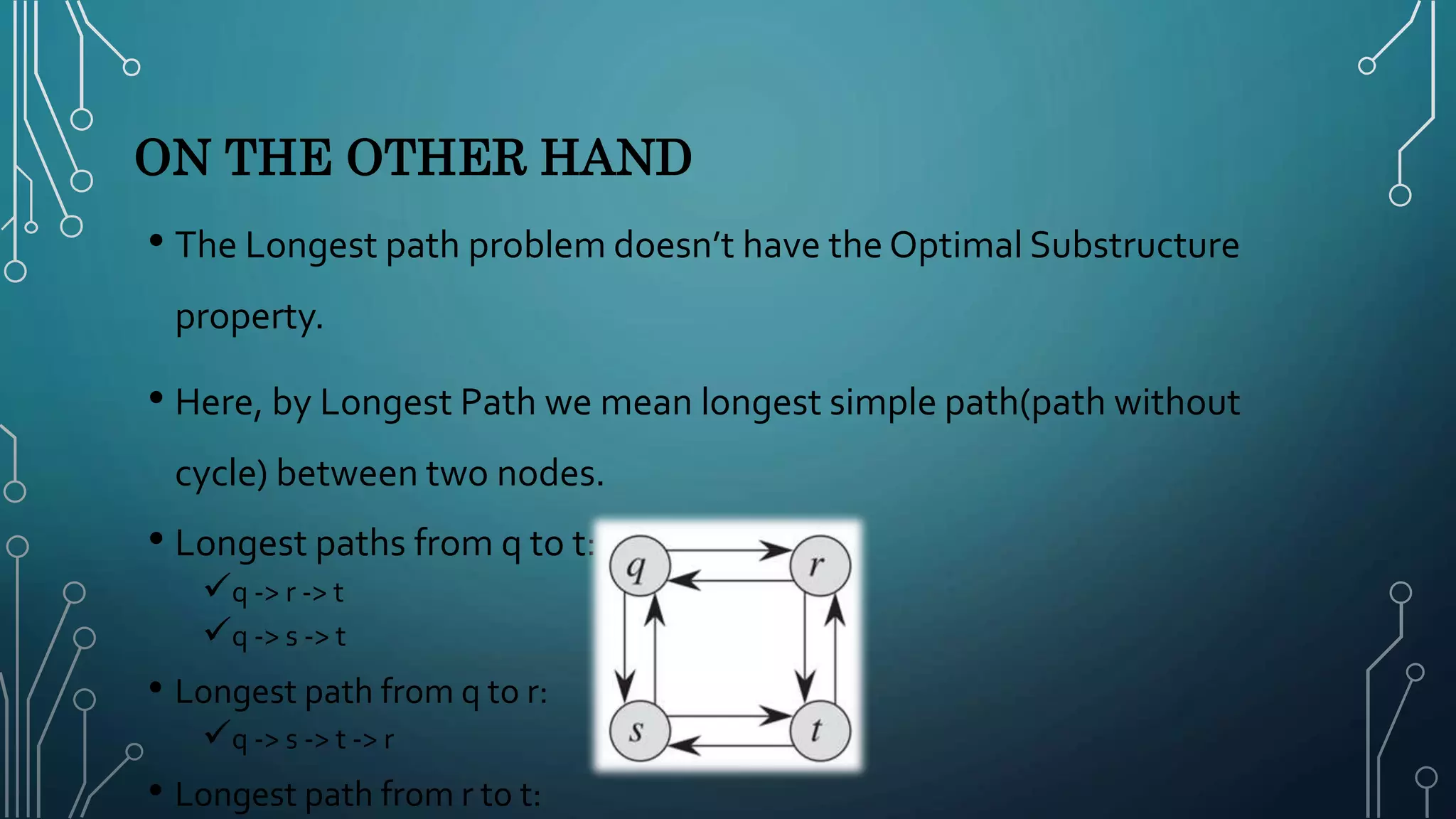 ON THE OTHER HAND
• The Longest path problem doesn’t have the Optimal Substructure
property.
• Here, by Longest Path we mean longest simple path(path without
cycle) between two nodes.
• Longest paths from q to t:
q -> r -> t
q -> s -> t
• Longest path from q to r:
q -> s -> t -> r
• Longest path from r to t:
 