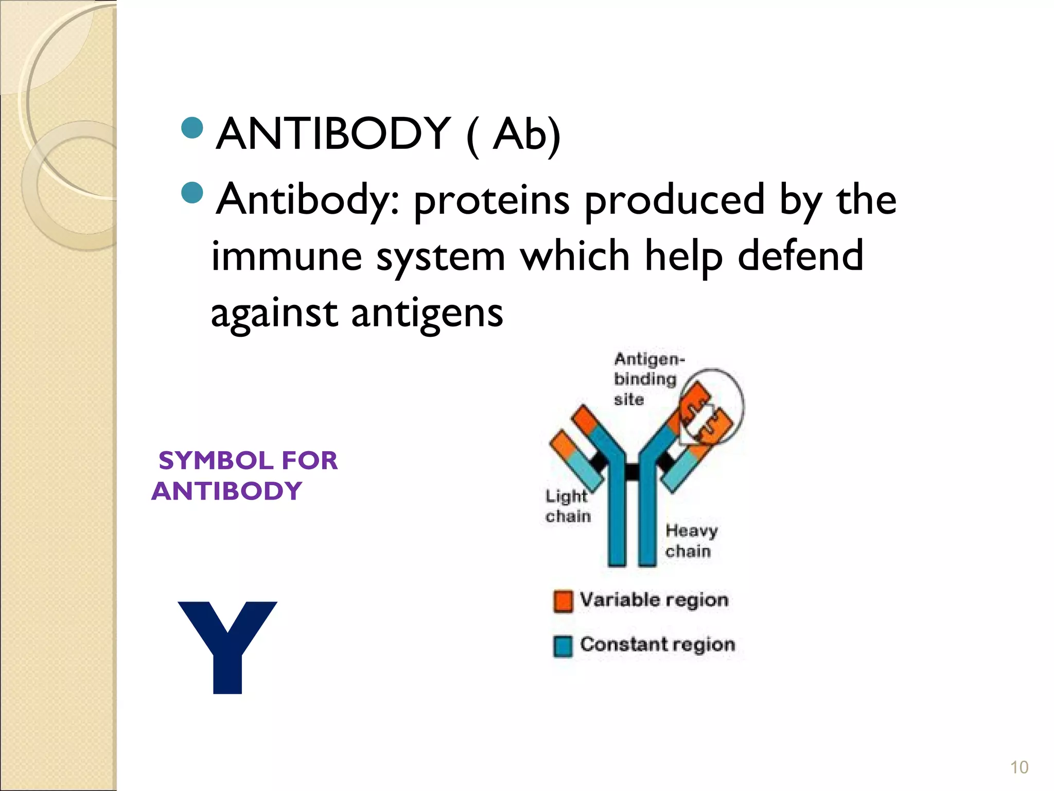 ANTIBODY      ( Ab)
 Antibody: proteins produced by the
  immune system which help defend
  against antigens


SYMBOL FOR
ANTIBODY




 Y
                                       10
 