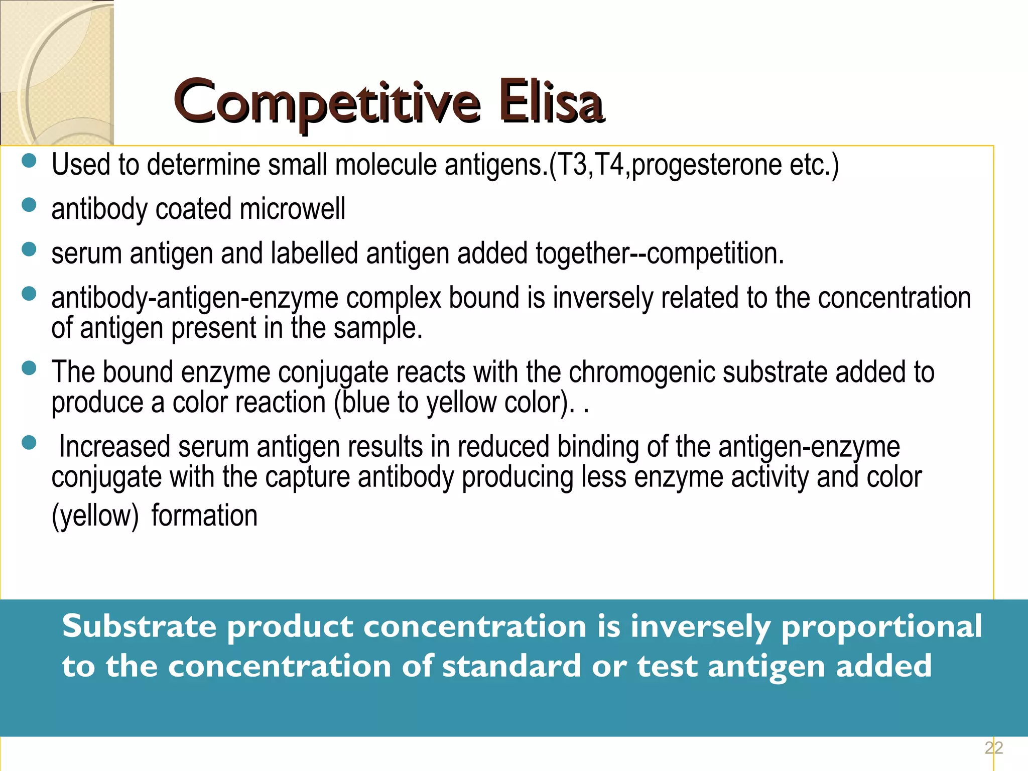 Competitive Elisa
 Used to determine small molecule antigens.(T3,T4,progesterone etc.)
 antibody coated microwell
 serum antigen and labelled antigen added together--competition.
 antibody-antigen-enzyme complex bound is inversely related to the concentration
  of antigen present in the sample.
 The bound enzyme conjugate reacts with the chromogenic substrate added to
  produce a color reaction (blue to yellow color). .
 Increased serum antigen results in reduced binding of the antigen-enzyme
  conjugate with the capture antibody producing less enzyme activity and color
  (yellow) formation


   Substrate product concentration is inversely proportional
   to the concentration of standard or test antigen added

                                                                                    22
 