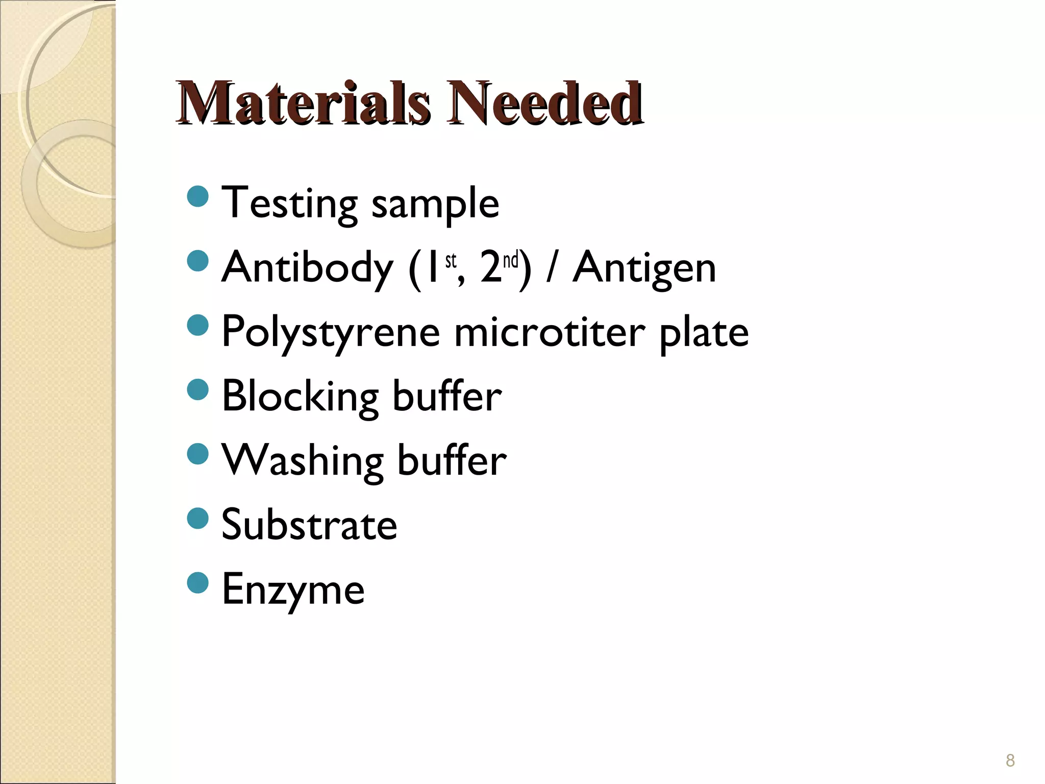 Materials Needed
Testing sample
Antibody (1st, 2nd) / Antigen
Polystyrene microtiter plate
Blocking buffer
Washing buffer
Substrate
Enzyme



                                 8
 