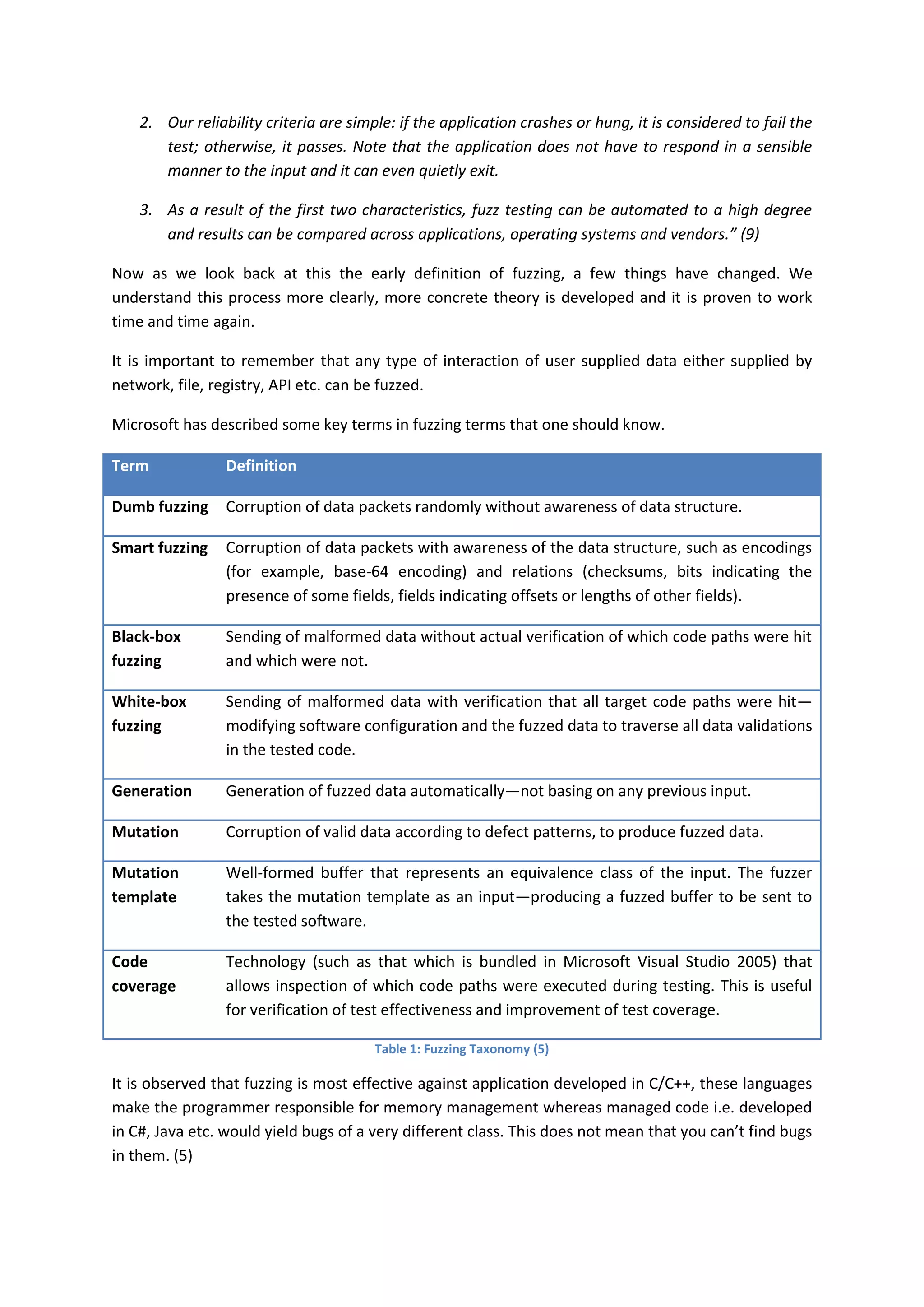 2. Our reliability criteria are simple: if the application crashes or hung, it is considered to fail the
       test; otherwise, it passes. Note that the application does not have to respond in a sensible
       manner to the input and it can even quietly exit.

    3. As a result of the first two characteristics, fuzz testing can be automated to a high degree
       and results can be compared across applications, operating systems and vendors.” (9)

Now as we look back at this the early definition of fuzzing, a few things have changed. We
understand this process more clearly, more concrete theory is developed and it is proven to work
time and time again.

It is important to remember that any type of interaction of user supplied data either supplied by
network, file, registry, API etc. can be fuzzed.

Microsoft has described some key terms in fuzzing terms that one should know.

Term             Definition

Dumb fuzzing     Corruption of data packets randomly without awareness of data structure.

Smart fuzzing    Corruption of data packets with awareness of the data structure, such as encodings
                 (for example, base-64 encoding) and relations (checksums, bits indicating the
                 presence of some fields, fields indicating offsets or lengths of other fields).

Black-box        Sending of malformed data without actual verification of which code paths were hit
fuzzing          and which were not.

White-box        Sending of malformed data with verification that all target code paths were hit—
fuzzing          modifying software configuration and the fuzzed data to traverse all data validations
                 in the tested code.

Generation       Generation of fuzzed data automatically—not basing on any previous input.

Mutation         Corruption of valid data according to defect patterns, to produce fuzzed data.

Mutation         Well-formed buffer that represents an equivalence class of the input. The fuzzer
template         takes the mutation template as an input—producing a fuzzed buffer to be sent to
                 the tested software.

Code             Technology (such as that which is bundled in Microsoft Visual Studio 2005) that
coverage         allows inspection of which code paths were executed during testing. This is useful
                 for verification of test effectiveness and improvement of test coverage.

                                        Table 1: Fuzzing Taxonomy (5)

It is observed that fuzzing is most effective against application developed in C/C++, these languages
make the programmer responsible for memory management whereas managed code i.e. developed
in C#, Java etc. would yield bugs of a very different class. This does not mean that you can’t find bugs
in them. (5)
 