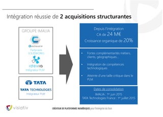 13
Intégration réussie de 2 acquisitions structurantes
• Fortes complémentarités métiers,
clients, géographiques…
• Intégration de compétences
technologiques
• Atteinte d’une taille critique dans le
PLM
Partenaire
SOLIDWORKS
Intégrateur PLM
Depuis l’intégration
CA de 24 M€
Croissance organique de 20%
GROUPE IMALIA
Intégrateur PLM
Dates de consolidation
IMALIA : 1er juin 2015
TATA Technologies France : 1er juillet 2015
 
