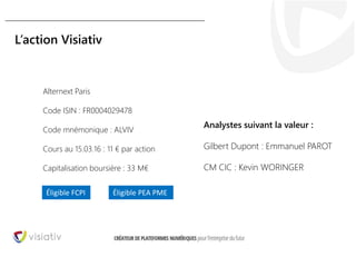 34
L’action Visiativ
Alternext Paris
Code ISIN : FR0004029478
Code mnémonique : ALVIV
Cours au 15.03.16 : 11 € par action
Capitalisation boursière : 33 M€
Éligible FCPI Éligible PEA PME
Analystes suivant la valeur :
Gilbert Dupont : Emmanuel PAROT
CM CIC : Kevin WORINGER
 
