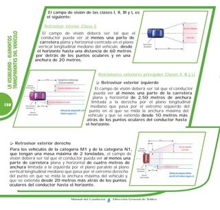 El campo de visión de las clases I, II, III y L es
                                    el siguiente:

                                  Retrovisor interior (Clase I)
 TRANSPARENTES DEL VEHÍCULO


                                    El campo de visión deberá ser tal que el
 LA VISIBILIDAD - ELEMENTOS



                                   conductor pueda ver al menos una parte de
                                  carretera plana y horizontal centrada en el plano
                                 vertical longitudinal mediano del vehículo, desde
                                el horizonte hasta una distancia de 60 metros
                               por detrás de los puntos oculares y en una
                              anchura de 20 metros.


                                                                  Retrovisores exteriores principales (Clases II, III y L)
                                                                  Retrovisor exterior izquierdo
                                                              El campo de visión deberá ser tal que el conductor
                                                              pueda ver al menos una parte de la carretera
                                                             plana y horizontal de 2,50 metros de anchura
                                                            limitada a la derecha por el plano longitudinal
150                                                         mediano que pasa por el extremo izquierdo del
                                                           punto en el que se mida la anchura máxima del
                                                          vehículo y que se extienda desde 10 metros más
                                                         atrás de los puntos oculares del conductor hasta
                                                         el horizonte.



        Retrovisor exterior derecho
     Para los vehículos de la categoría M1 y de la categoría N1,
     que tengan una masa máxima de 2 toneladas, el campo de
     visión deberá ser tal que el conductor pueda ver al menos una
     parte de carretera plana y horizontal de cuatro metros de
     anchura limitada a la izquierda por el plano paralelo al plano
     vertical longitudinal mediano que pasa por el extremo derecho
     del punto en que se mida la anchura máxima del vehículo y
     que se extienda desde 20 metros más atrás de los puntos
     oculares del conductor hasta el horizonte.


                                                 Manual del Conductor     Dirección General de Tráfico
 