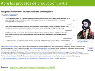 Abre los procesos de producción: wikis




Fuente: http://en.wikipedia.org/wiki/Wikipedia:MMM
 