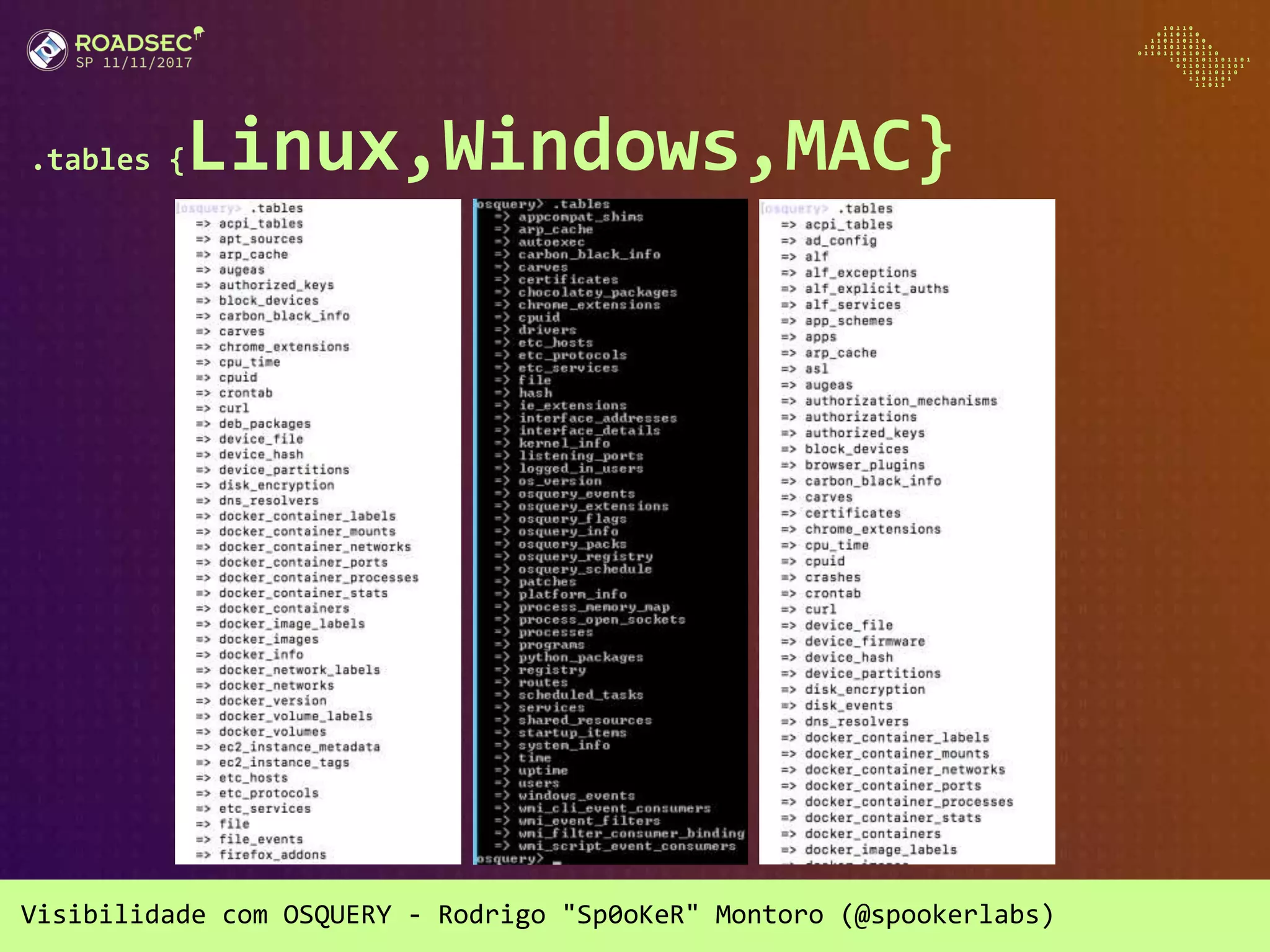 Visibilidade com OSQUERY - Rodrigo "Sp0oKeR" Montoro (@spookerlabs)
.tables {Linux,Windows,MAC}
 