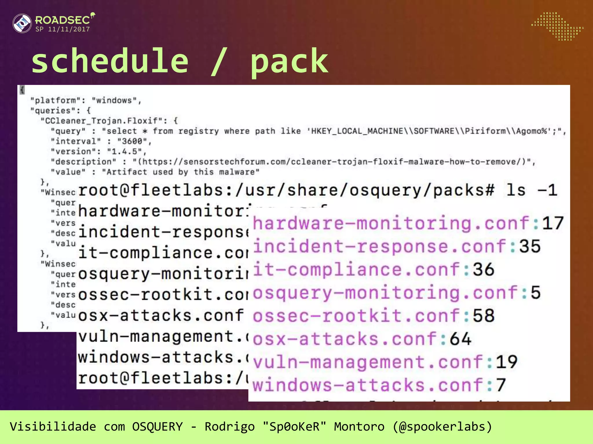 Visibilidade com OSQUERY - Rodrigo "Sp0oKeR" Montoro (@spookerlabs)
schedule / pack
 